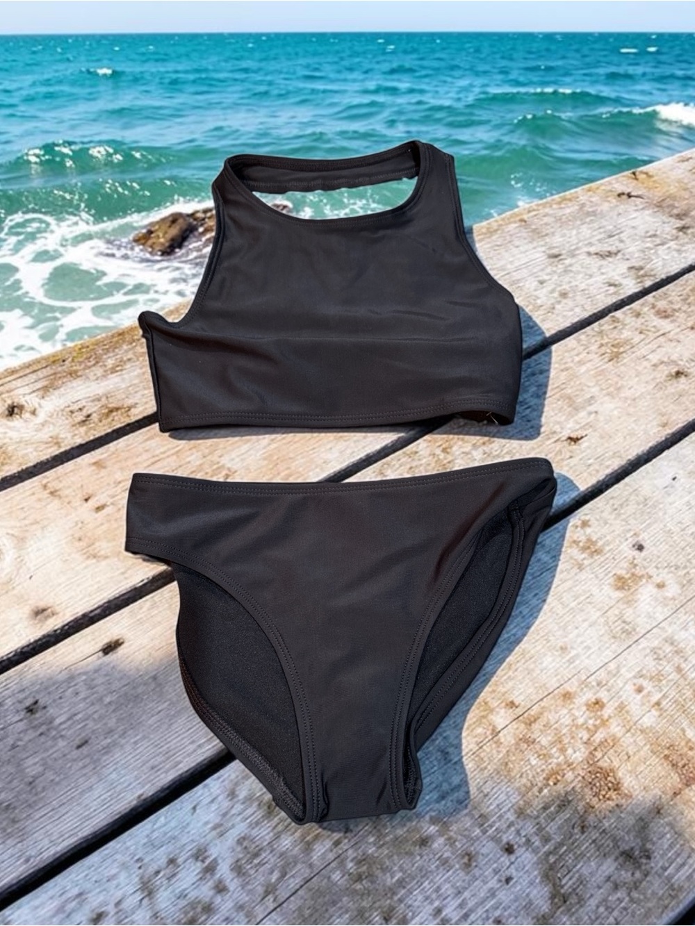 Black High Neck Two-Piece Swim Set - Girls (M 7/8) NEW